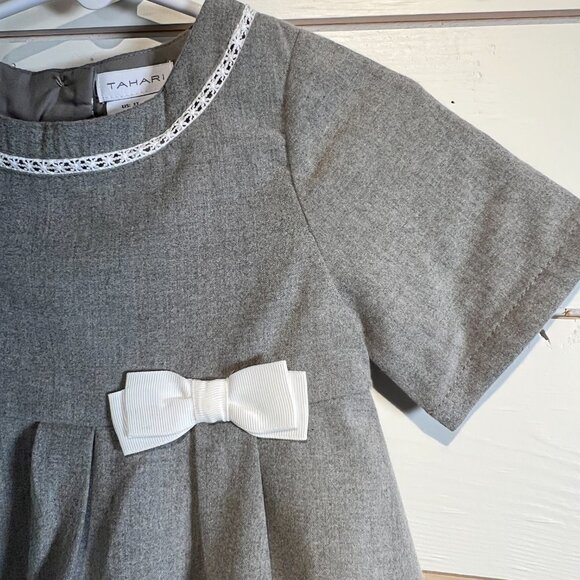 Tahari Girls Dress 3T Gray White Pleated Empire Waist Short Sleeves Bow Lace NWT - Picture 4 of 9